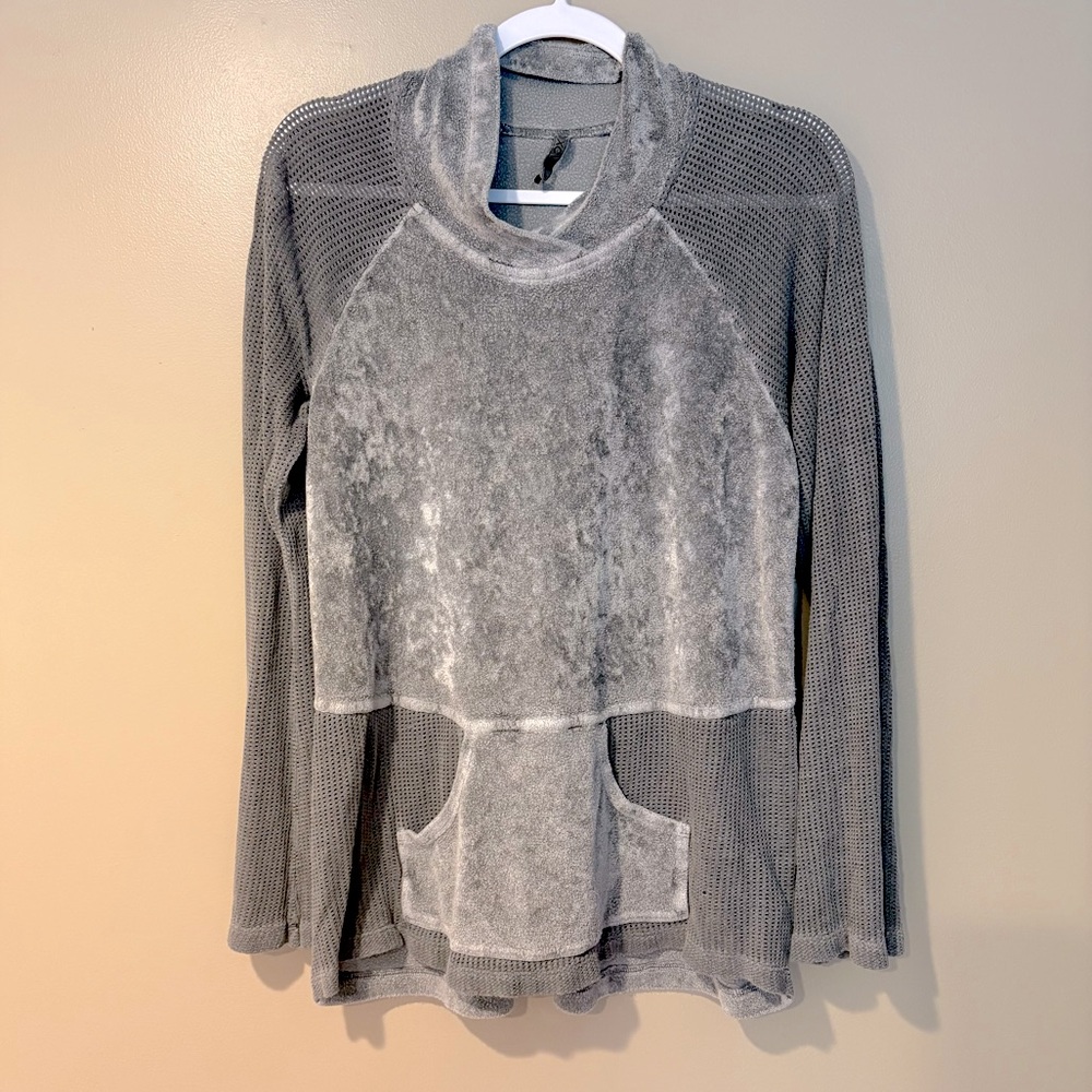 XCVI Textured open weave loungewear sweater greyscale fishnet high neck cyber